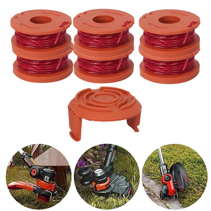 Spula de rezerva pentru trimmer YANYXR BCS3181023, fir trimmer rasucit copolimer 1,65 mm (0,065 in) 3 m — set 6 role + capac, portocaliu/rosu