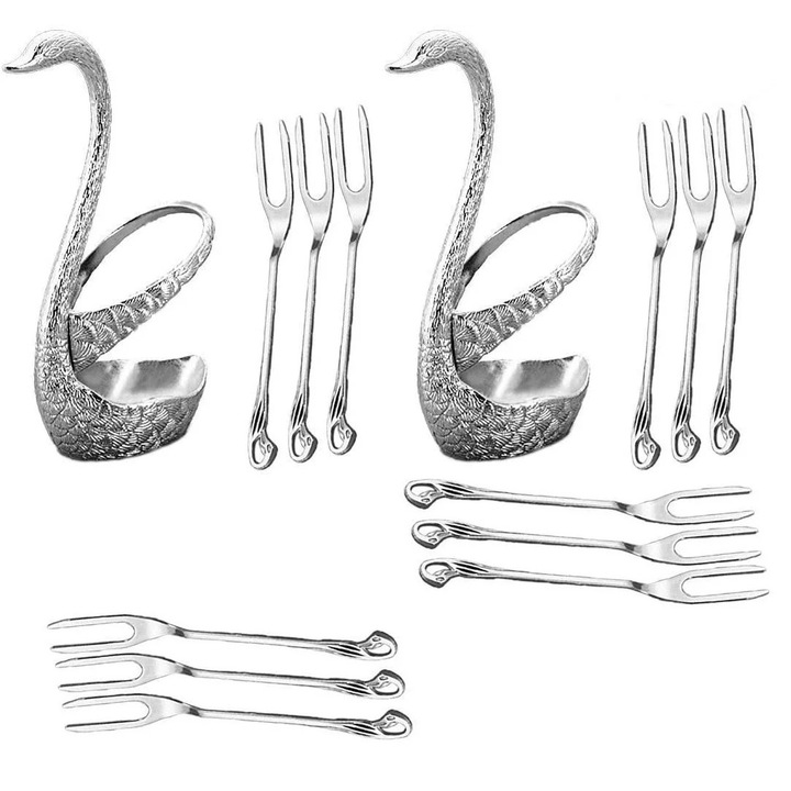 YANYXR BCS3184265 desszert villa készlet, 12 db 13 cm-es villa 2 db 15,5×5 cm-es hattyú tartóval, cinkötvözet, ezüst