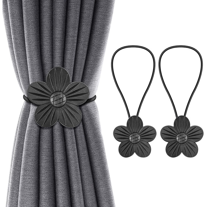 Agatatoare magnetice pentru draperii ZYBLSSBB LSM2xh13476-BCS0078517, floare din rasina cu magnet si snur elastic, negru, set 2 bucati