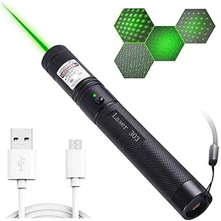 Pointer laser YANYXR 303, rosu/verde reglabil focus, incarcabil USB, baterie 18650, aluminiu, negru, 15.8 x 2.2 cm