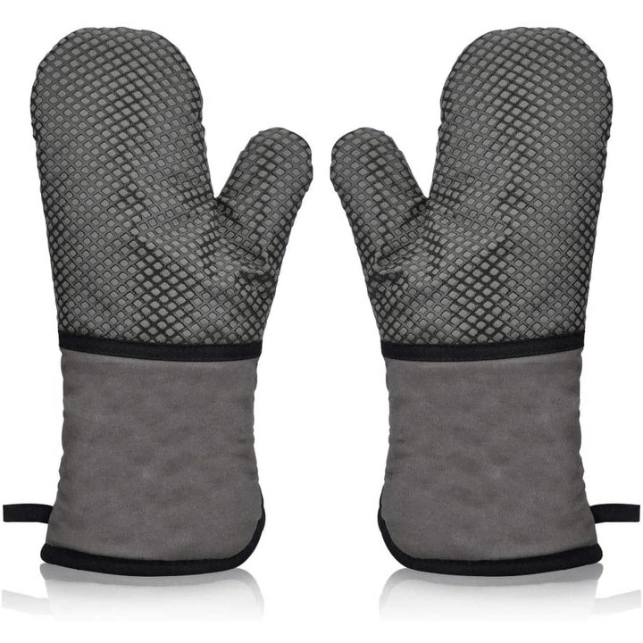 YANYXR BCS3184749 sütőkesztyű, hőálló, csúszásmentes szilikon, pamut-poliészter, extra hosszú 35 cm, szürke, 2 db-os szett