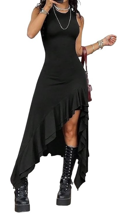 Rochie Maxi Dama SweatyRocks, Stil Gothic, Tiv Asimetric cu Volane, Marimea M, Poliester, Culoare Negru