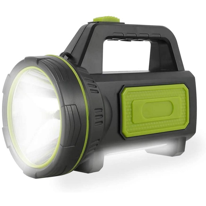Lanterna LED reincarcabila YANYXR BCS3186317, 6000mAh, incarcare USB, proiector 1000 m, lumina laterala reglabila, IPX4, ABS, negru/verde