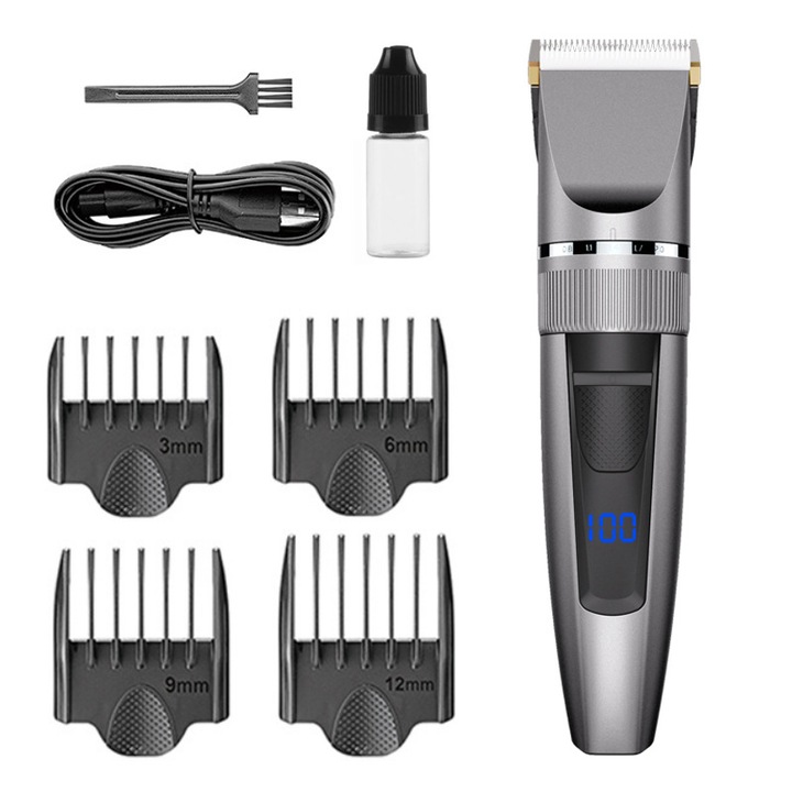 K0513-260418-005 hajvágó, vezeték nélküli, LED kijelző, 5 beállítás 0.8–2.0 mm, 4 fésű 3/6/9/12 mm, USB töltés, szürke