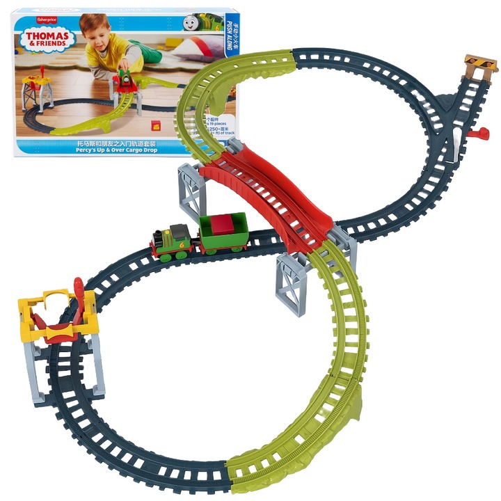 Комплект релси Fisher-Price Thomas & Friends FPHXJ90-HXK02, 19 части, над 250 см релса, включва локомотив Percy с вагон и товарна рампа, многоцветен