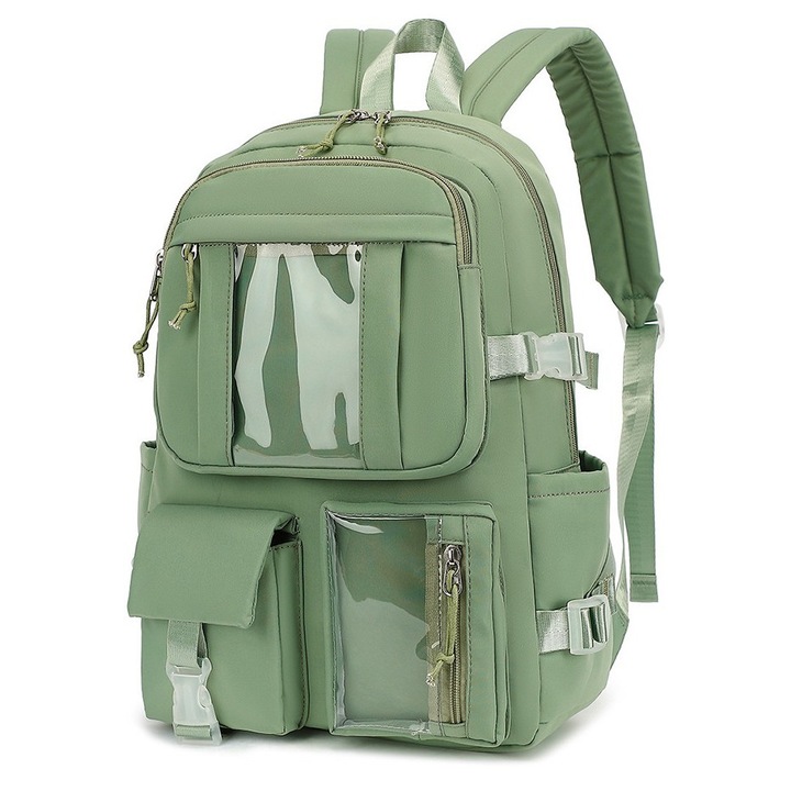 Rucsac pentru laptop 15,6", nylon rezistent hidrofug cu buzunare transparente PVC, multifunctional, bretele captusite, 42 x 31 x 14 cm, verde