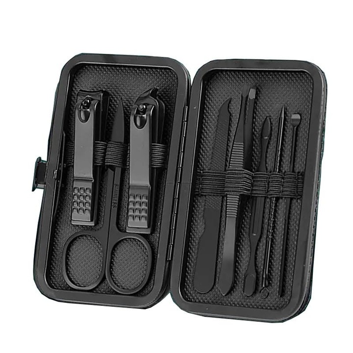 Комплект за маникюр и педикюр от неръждаема стомана K0513-260609-004, 8 части, черен