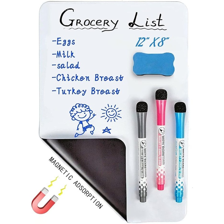 Fehér mágneses tábla hűtőszekrényre K0513-260727-012, PET whiteboard fólia, A4 (21 x 29,7 cm), 3 markerrel és mágneses szivaccsal