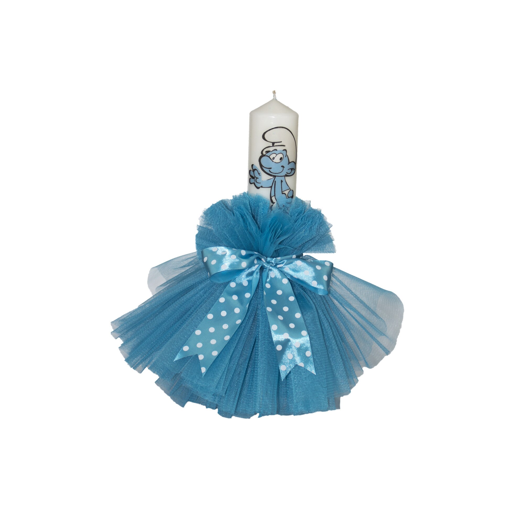 Lumanare botez cu Strumf si tulle bleu