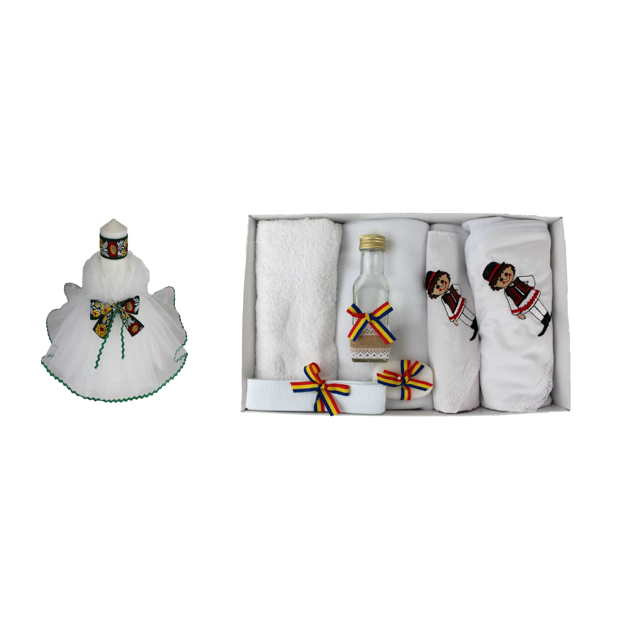 Set doua piese, lumanare traditionala si trusou traditional pentru botez baieti