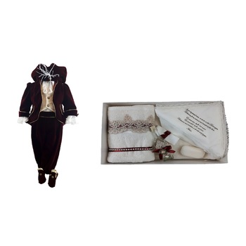 Set doua piese, costum print catifea grena si trusou pentru botez baieti 3-6 luni Set doua piese, costum print catifea grena si trusou pentru botez baieti 3-6 luni