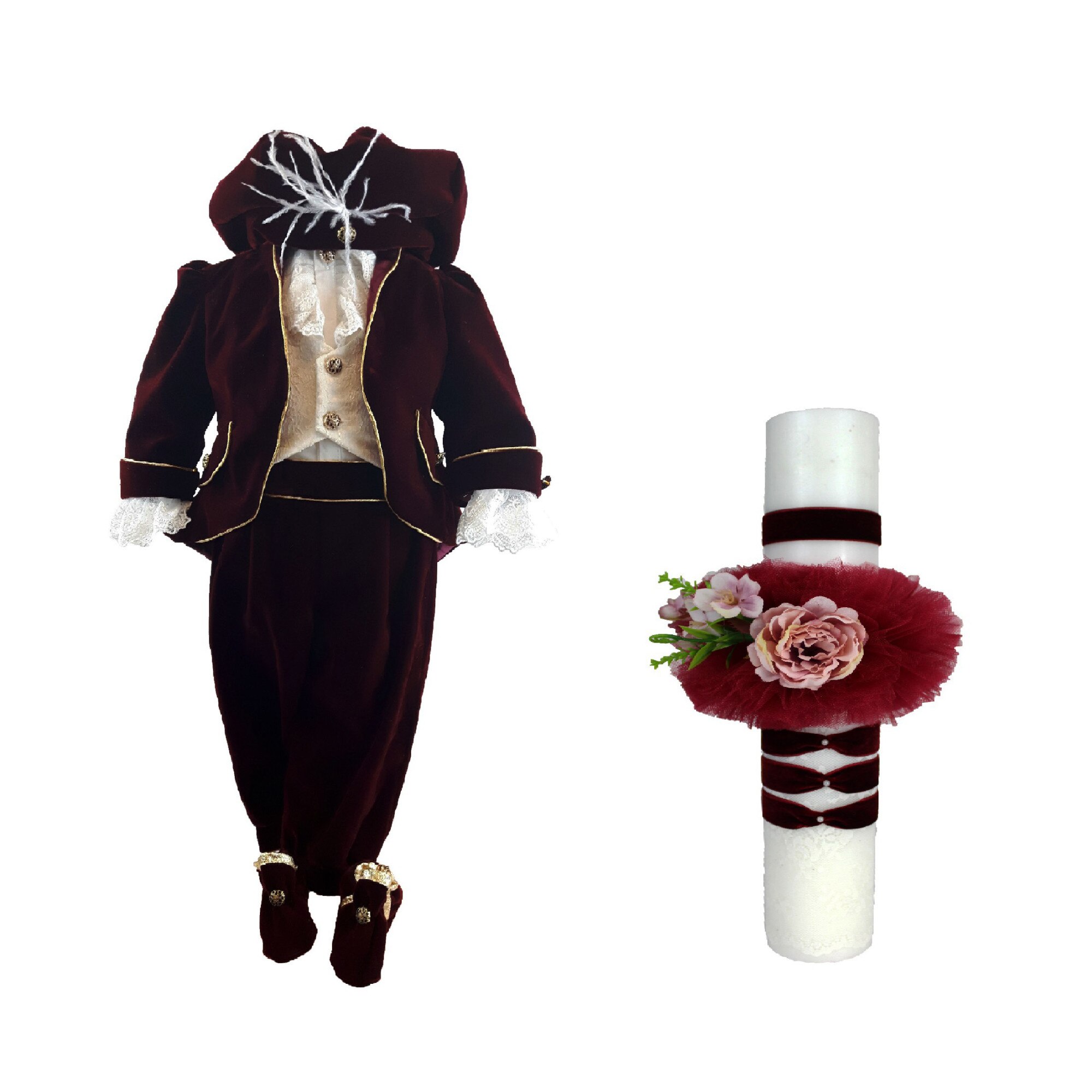 Set doua piese, costum print catifea grena si lumanare botez pentru botez baieti 0-3 luni