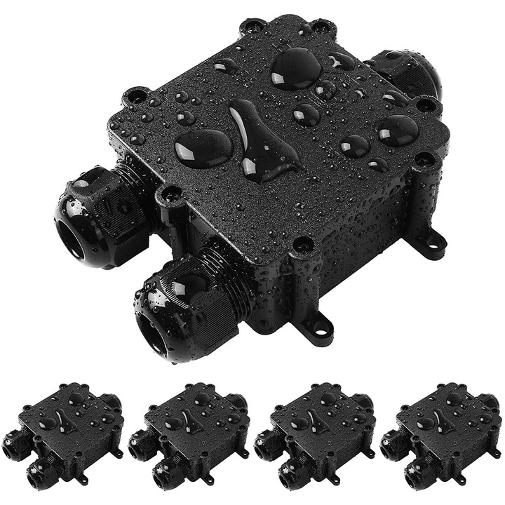 Caseta de jonctiune etansa YANYXR BCS3188624, 3-way IP68, ABS, pentru cabluri 0.5–2.5 mm² (O 4–14 mm), 24A 450VAC, negru, set 5 buc, 110×90×46 mm
