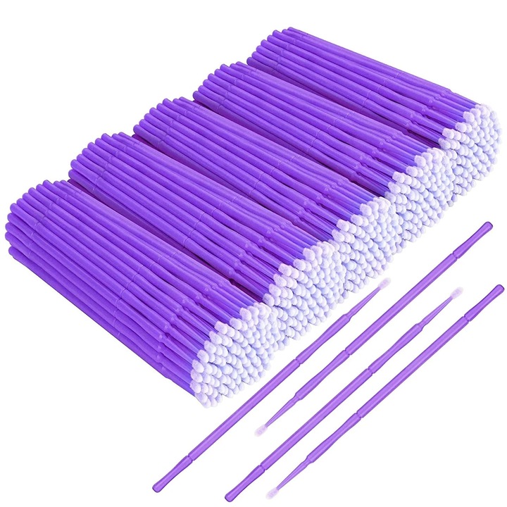 Micro-periute aplicator YANYXR BCS3189376, varf din bumbac flexibil ultra-fine 1.5/2/2.5 mm pentru extensii de gene si machiaj, mov, 500 buc. (5 x 100)