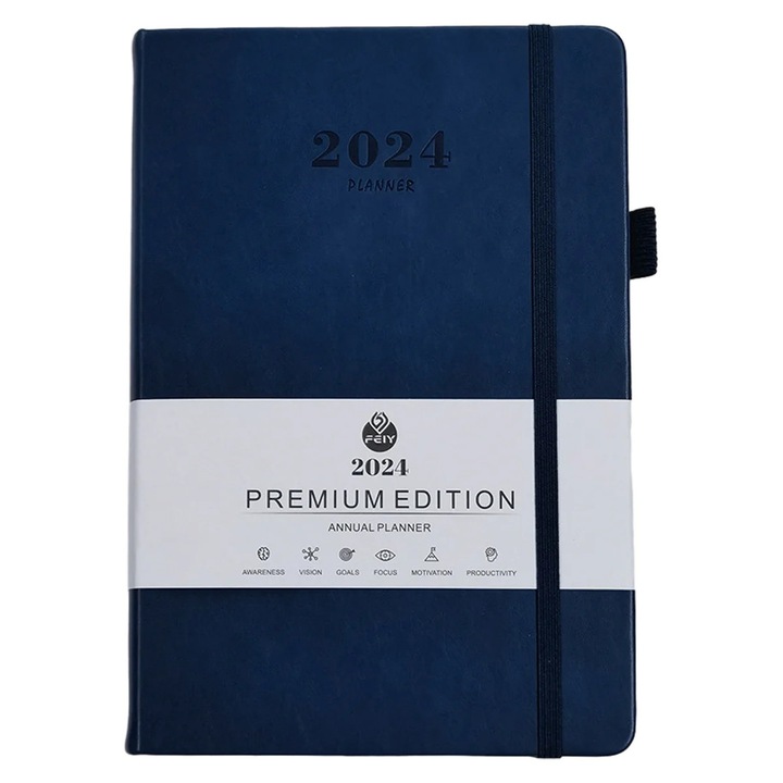 Planner 2024 YANYXR BCS3190242, saptamanal si lunar, coperta PU cu elastic si suport pix, albastru inchis, 14.4 x 21.4 cm