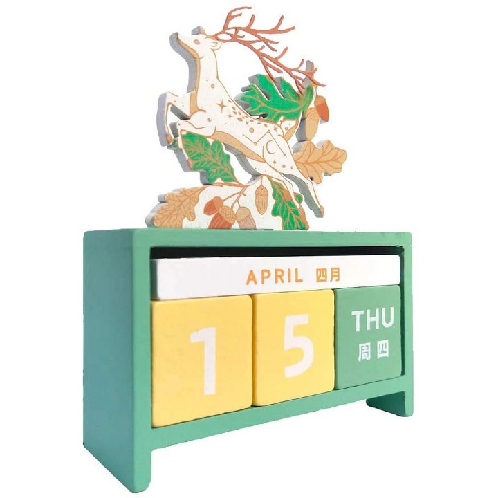 Calendar perpetuu de birou din lemn YANYXR BCS3190210, blocuri pentru luna, data si zi, verde, cu ornament cerb