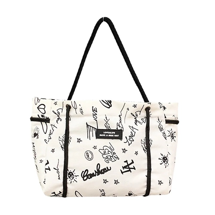 YANYXR, geanta tote pentru laptop din textil cu imprimeu doodle BCS3190099, alb/negru
