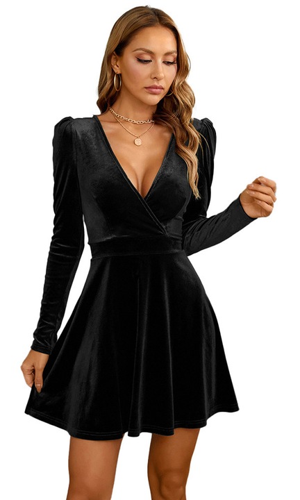 Rochie mini tip petrecuta din catifea neagra cu maneca lunga