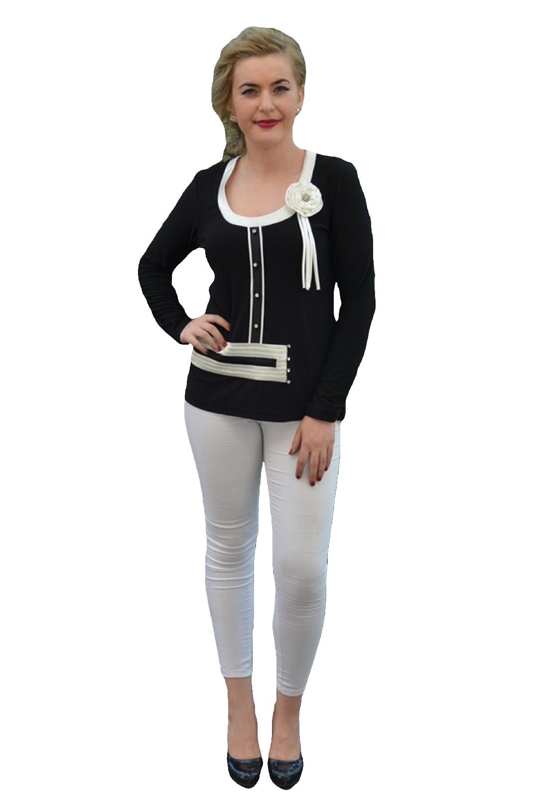 Bluza de ocazie decorata cu detalii satinate, D&J Exclusive, Negru/Alb, 44