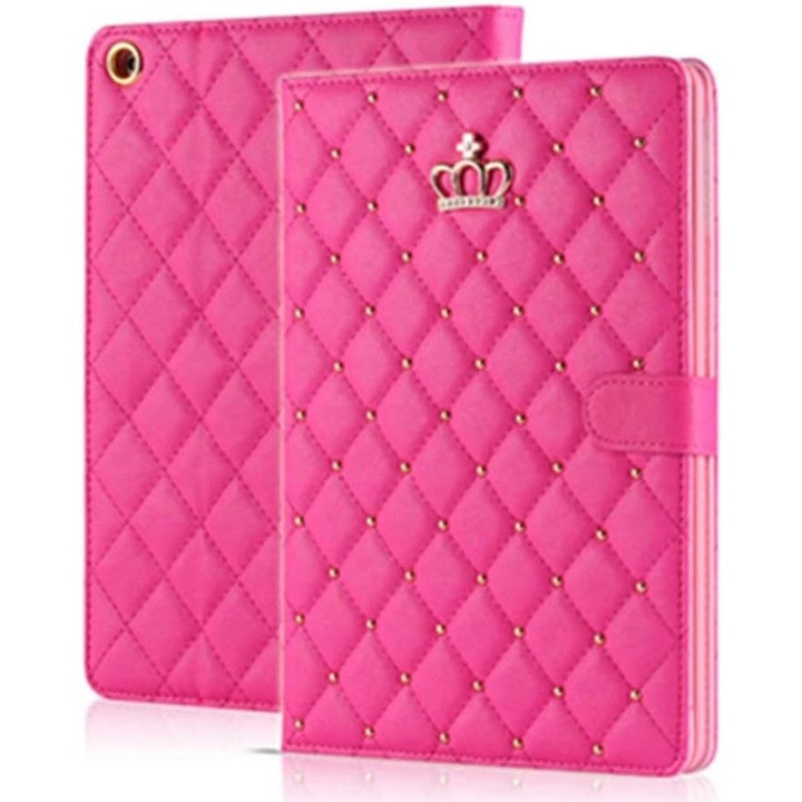 Husa pentru iPad 10.2 compatibil iPad 7/8/9 (A2197/A2198/A2200/A2270/A2428/A2429/A2430/A2602/A2603/A2604/A2605), piele ecologica PU, design coroana cu cristale, auto sleep/wake, suport kickstand, shockproof, roz, 0805BM-BST3121074