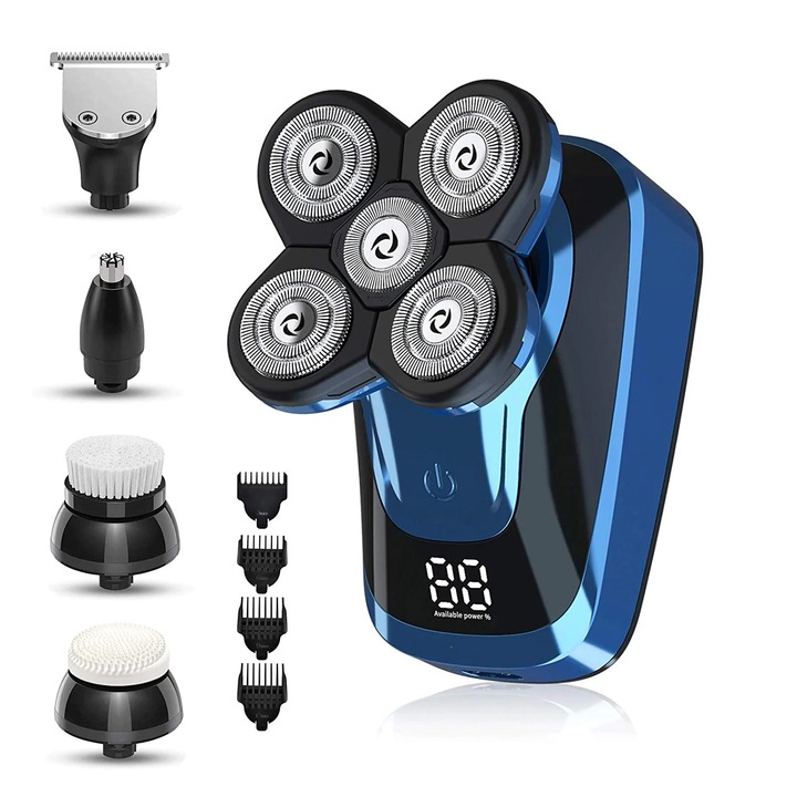 YANYXR BCS3190990 5 az 1-ben elektromos borotva, 5D lebegő forgó fej, LED kijelző, IPX6, USB töltés, kék/fekete