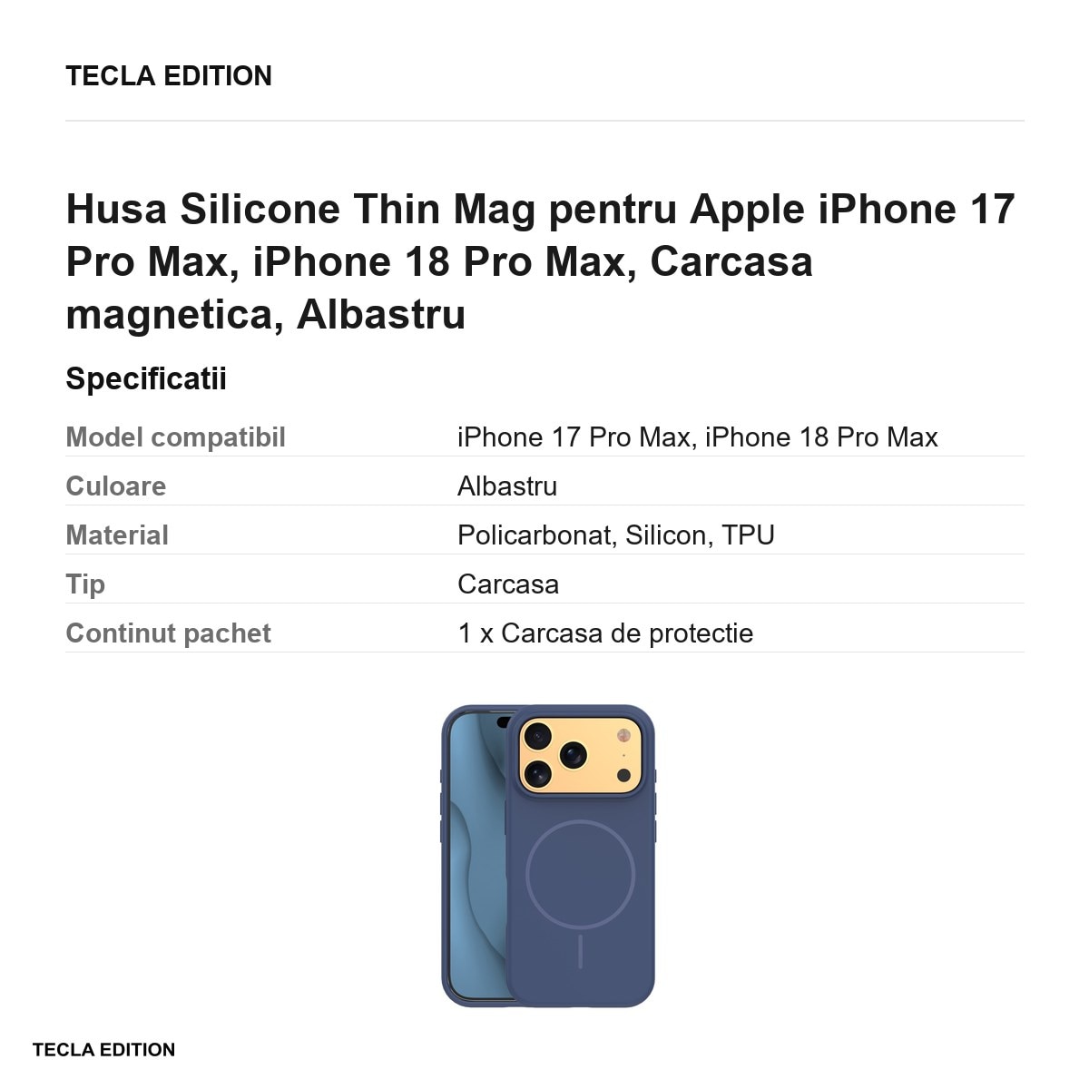 Husa Silicone Thin Mag pentru Apple iPhone 17 Pro Max, iPhone 18 Pro Max, Carcasa magnetica, Albastru