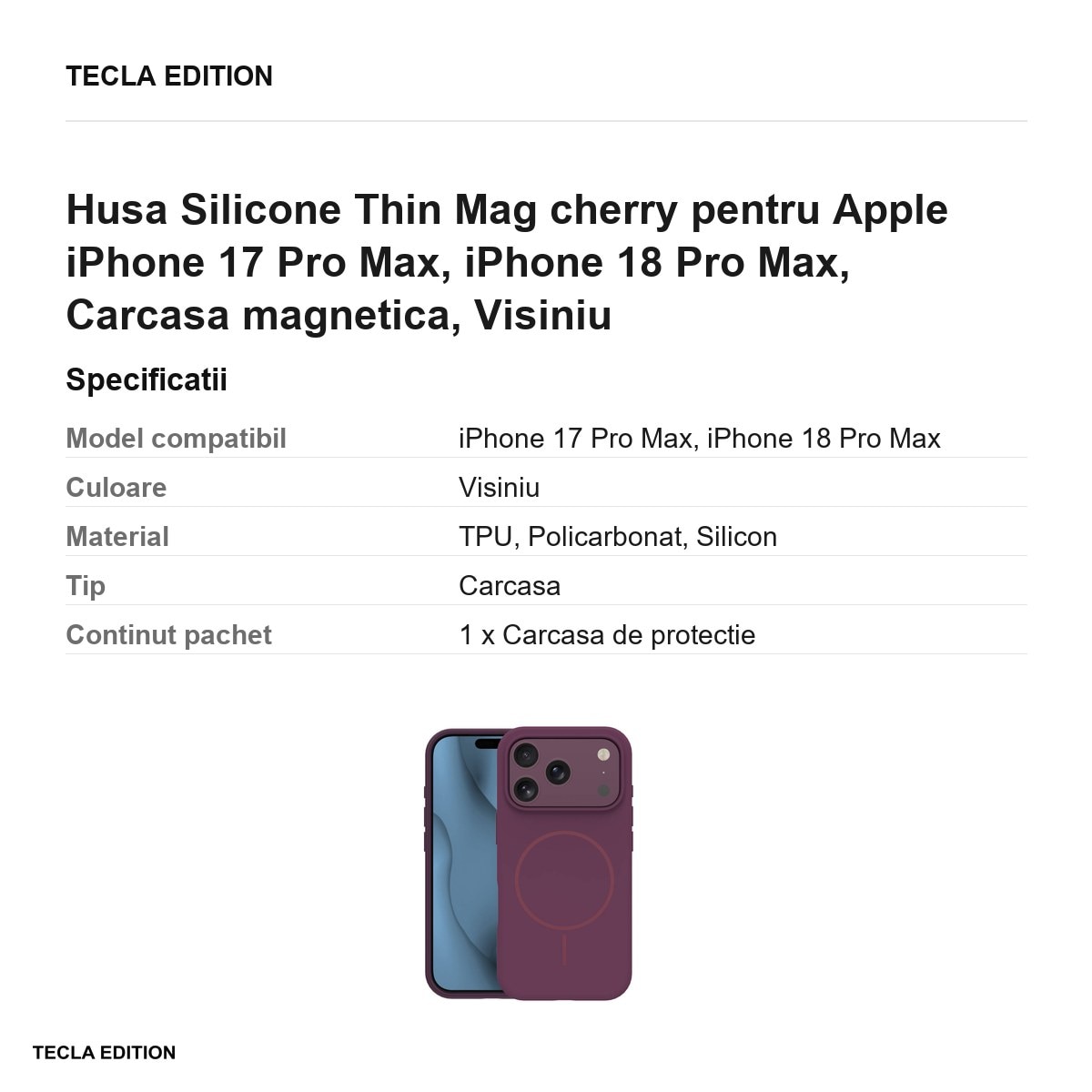 Husa Silicone Thin Mag cherry pentru Apple iPhone 17 Pro Max, iPhone 18 Pro Max, Carcasa magnetica, Visiniu