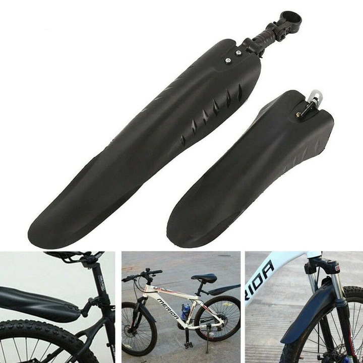 Set aparatoare noroi bicicleta YANYXR BCS3191338, universal fata si spate, din plastic tehnic, reglabil, pentru tija sa ≤34 mm, lungime spate ~50 cm/fata ~25 cm, negru