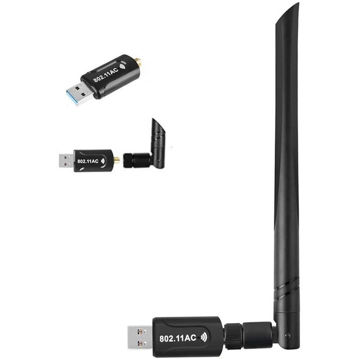YANYXR AC1200 USB Wi-Fi adapter (BCS3192528), kétsávos 802.11ac 2.4 GHz 300 Mbps / 5 GHz 867 Mbps, USB 3.0, levehető 5 dBi antenna, fekete