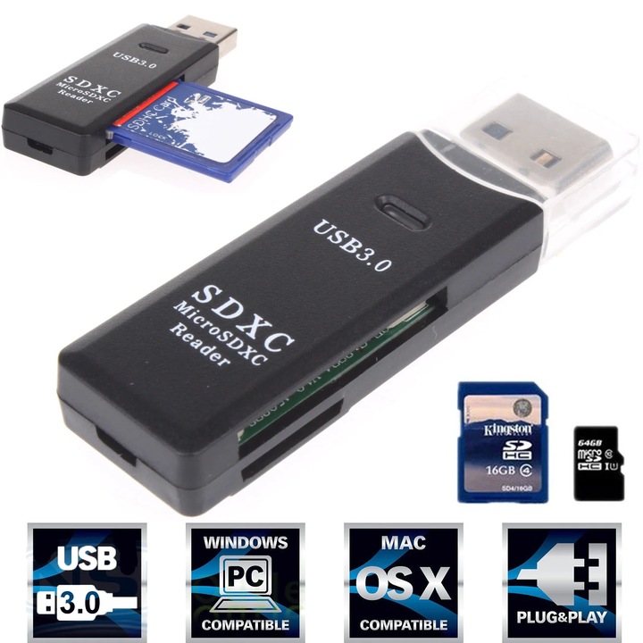 Четец за карти USB YANYXR BCS3192539, USB 3.0 5 Gbps, 2-в-1 SD/microSD съвместим със SDXC/SDHC/UHS-I, plug and play, черен