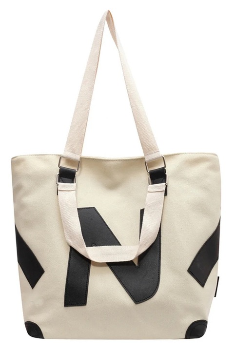 YANYXR, geanta tote din panza (canvas) cu fermoar, mare, BCS3195415, ecru/negru, 41×33×17 cm