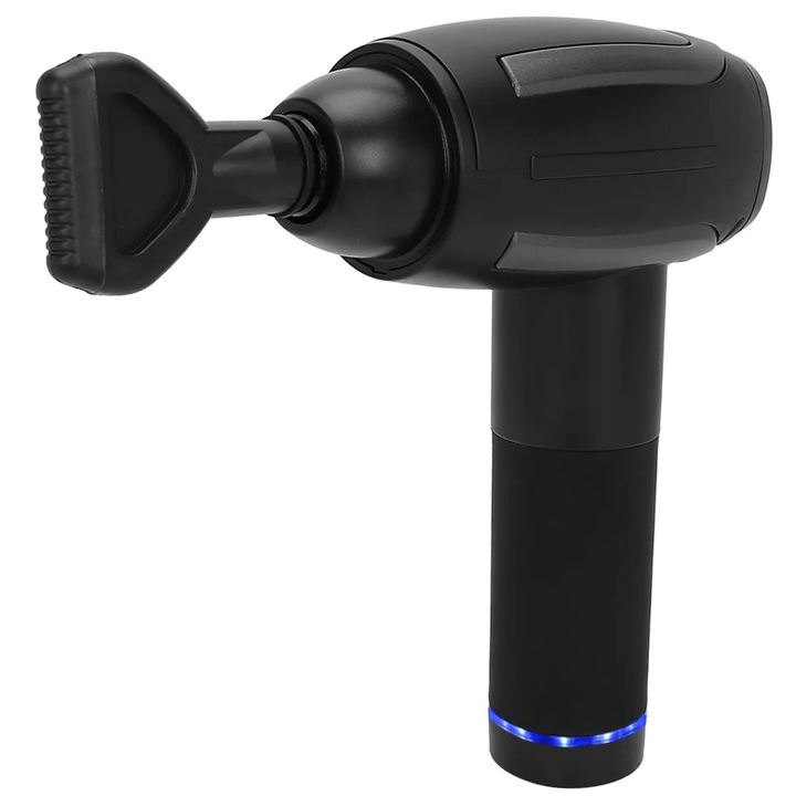 Masszázspisztoly, állítható sebesség 1200–3200 RPM, 2000 mAh akkumulátor, 12W, 3 óra töltési idő, US 100–240V adapter, fekete, 22.5 x 24 cm