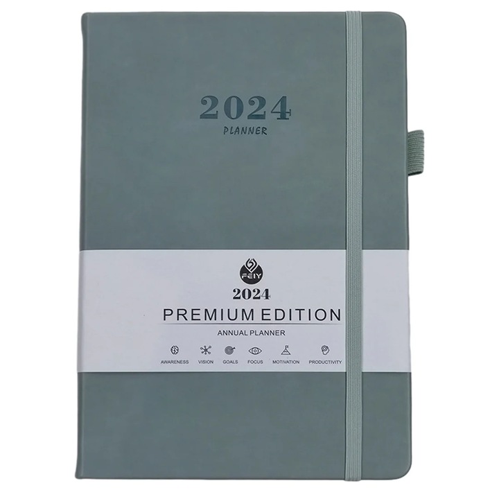 Planner 2024 YANYXR Premium Edition, planificator saptamanal si lunar cu file pentru note si sticky notes, coperta PU, spirala, elastic si suport pix, 14.4 x 21.4 cm, albastru cenusiu, BCS3196092