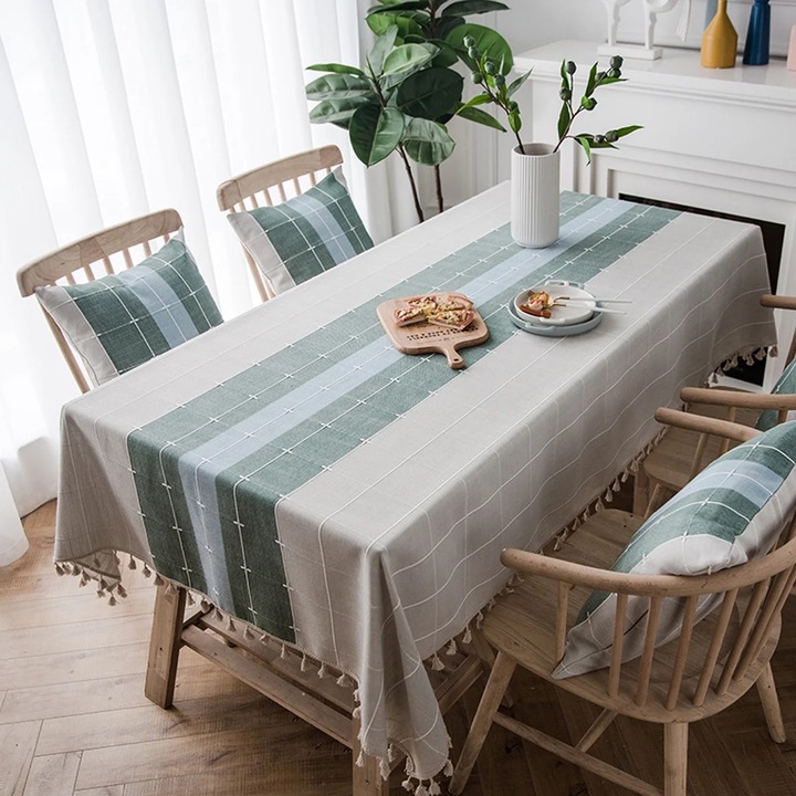 YANYXR BCS3195578 pamut-len asztalterítő, hímzéssel és rojtokkal, zöld/bézs, 55 x 70 hüvelyk