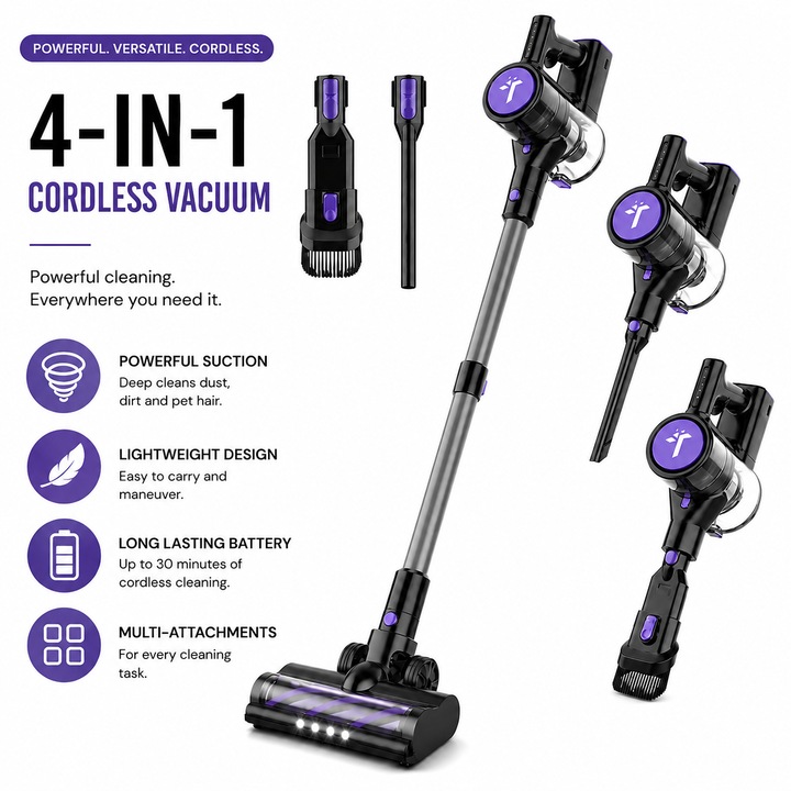 Aspirator Vertical Fara Fir SeveShop® P11 Pro, 4 in 1, 250W, 23000PA, 2x Trepte Viteza, Filtrare HEPA 5 Etape, Baterie Reincarcabila, 2200mAh, Capacitate Rezervor 450Ml, Iluminare LED, Autonomie +/- 15-30 Min, Fara Sac, Praf, Par, Mov