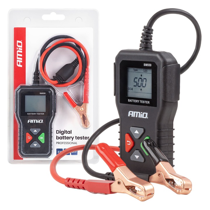 Тестер за батерии Amio BM550, професионален, 6 V/12 V/24 V, 2–220 Ah, цифров дисплей, черен