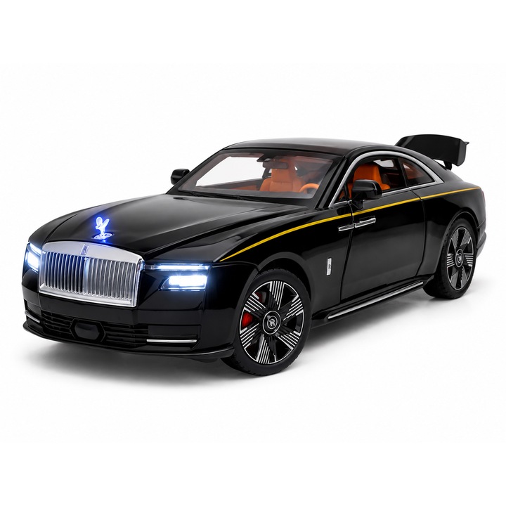 Fém Rolls-Royce Spectre autó, fekete, 1:24 méretarányú, fényekkel, hangokkal és működő ajtókkal, 6+ év