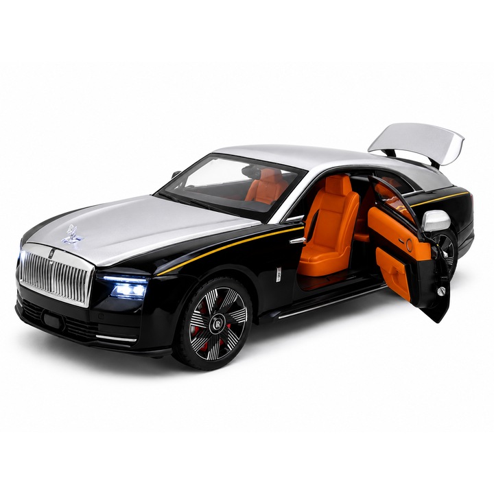 Fém Rolls-Royce Spectre autó, fekete-ezüst, 1:24 méretarányú, fényekkel, hangokkal és funkcionális ajtókkal, 6+ év