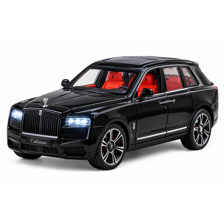 Fém Rolls-Royce Cullinan autó, fekete, 1:24 méretarányú, fényekkel, hangokkal és működő ajtókkal