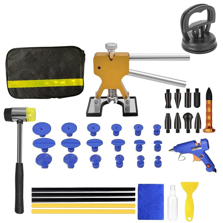 Kit de reparare lovituri auto fara vopsire, pistol de lipit 100W (φ10.8–11.5 mm), extractor dent cu levier, set accesorii si ventuza, Multicolor, 0805BM-BST3175478