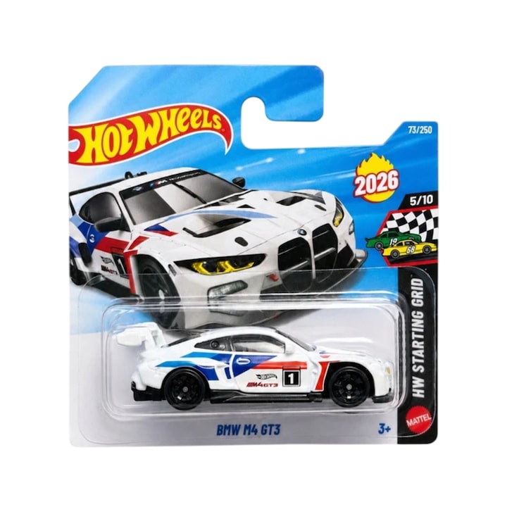 Количка Hot Wheels, BMW M4 GT3, бяла, мащаб 1:64, модел 2026