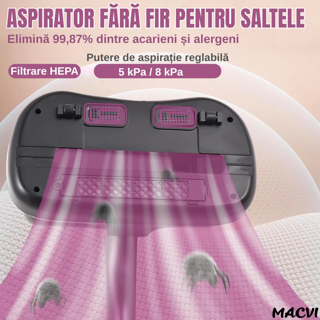 Aspirator Antiacarieni Alista Home®, 8000 Pa, Fara Fir, Filtru HEPA, Baterie 3600 mAh, UVC, Rezervor 500 ml, Curatare Pat, Canapea si Covoare