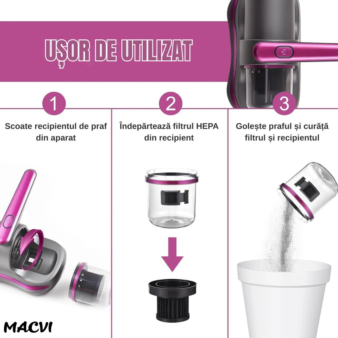 Aspirator Antiacarieni Alista Home®, 8000 Pa, Fara Fir, Filtru HEPA, Baterie 3600 mAh, UVC, Rezervor 500 ml, Curatare Pat, Canapea si Covoare