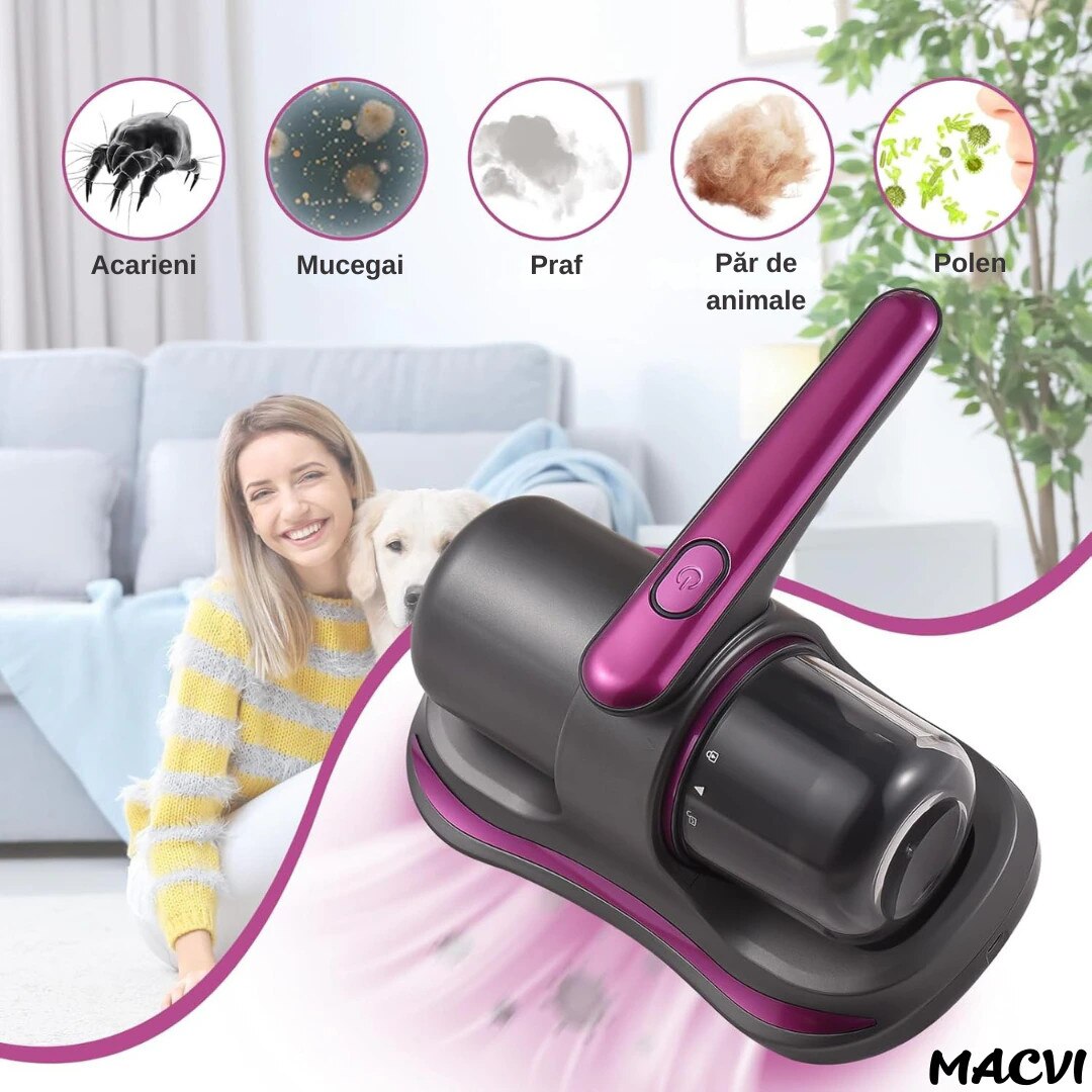 Aspirator Antiacarieni Alista Home®, 8000 Pa, Fara Fir, Filtru HEPA, Baterie 3600 mAh, UVC, Rezervor 500 ml, Curatare Pat, Canapea si Covoare