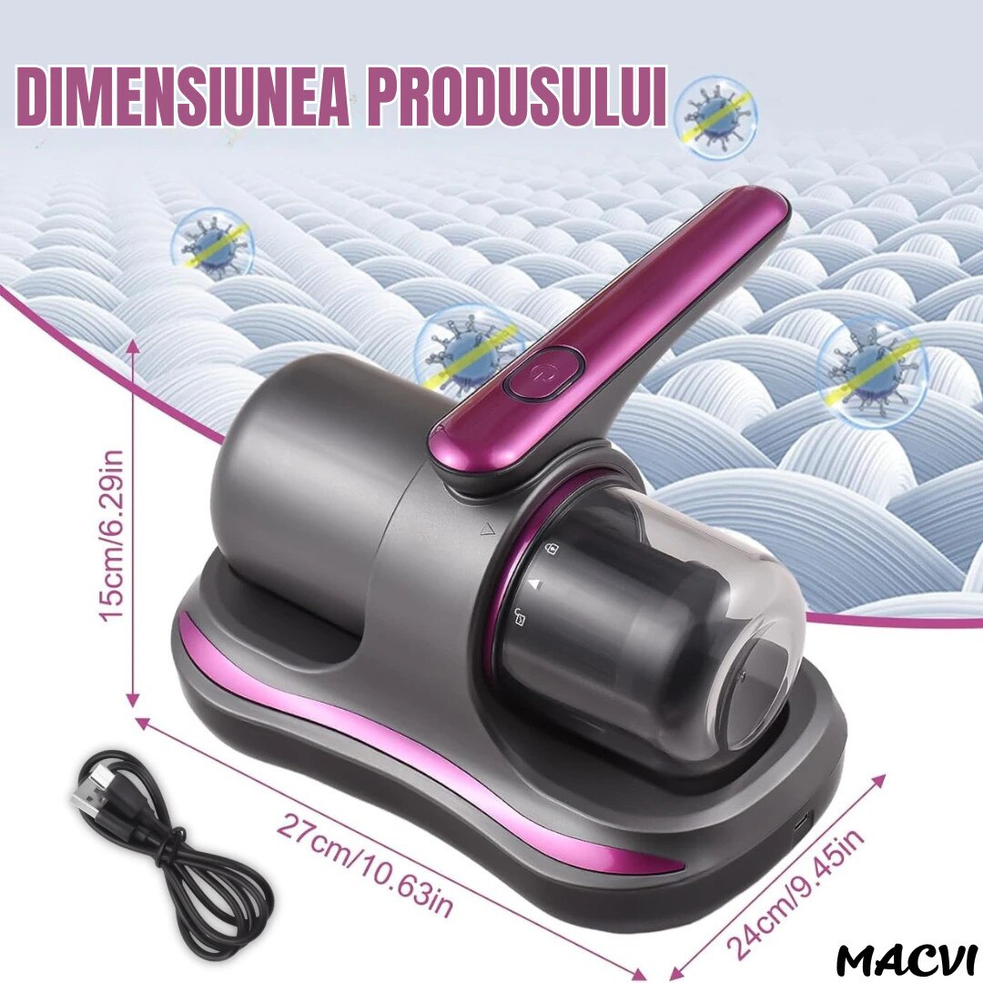 Aspirator Antiacarieni Alista Home®, 8000 Pa, Fara Fir, Filtru HEPA, Baterie 3600 mAh, UVC, Rezervor 500 ml, Curatare Pat, Canapea si Covoare