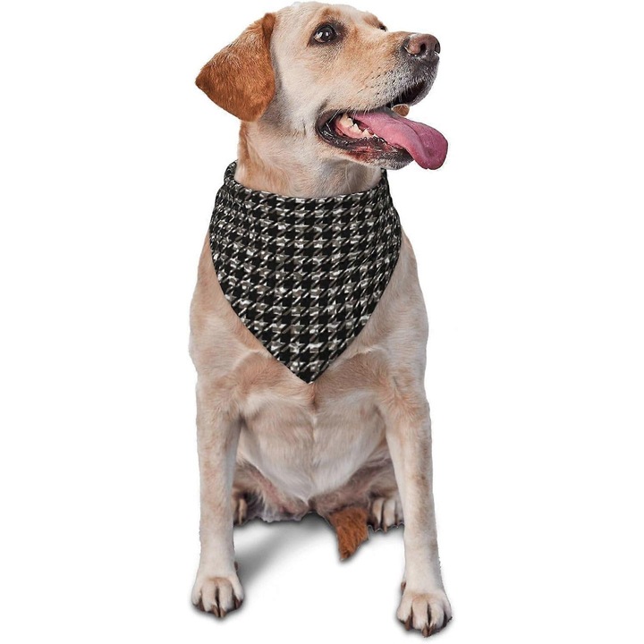 Bandana triangulara pentru caini din poliester, reversibila si reglabila, model pepit (houndstooth), negru/alb, marime unica, 70 x 30 cm