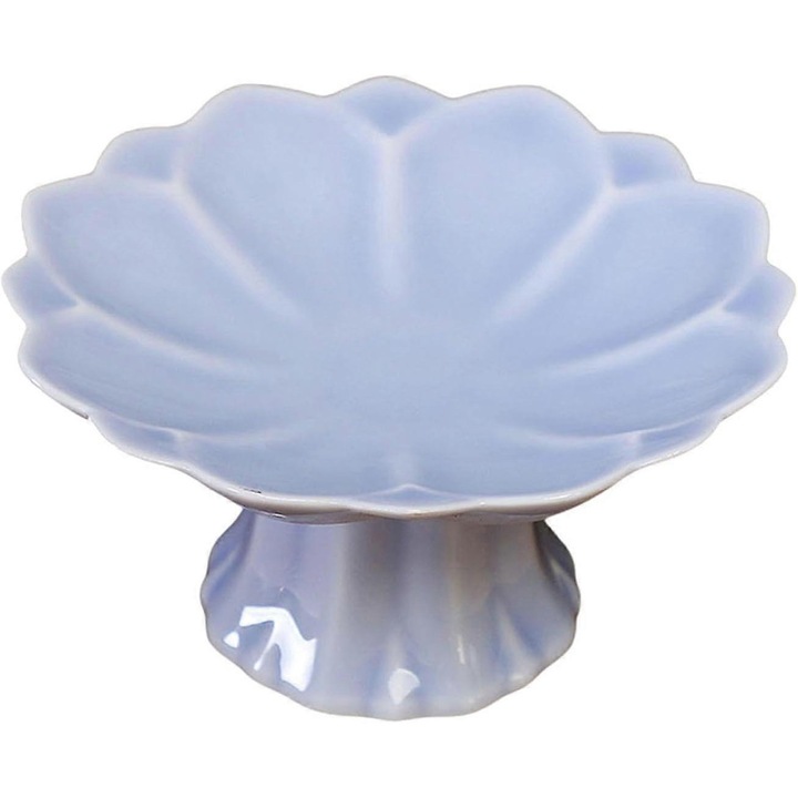 Platou de desert ceramic cu picior in forma de petala, decorativ, lila