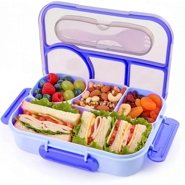Cutie pentru pranz Bento 4 compartimente, 1000 ml, PP fara BPA, etansa cu garnitura din silicon si cleme, compatibila cu microunde si masina de spalat, albastru/violet