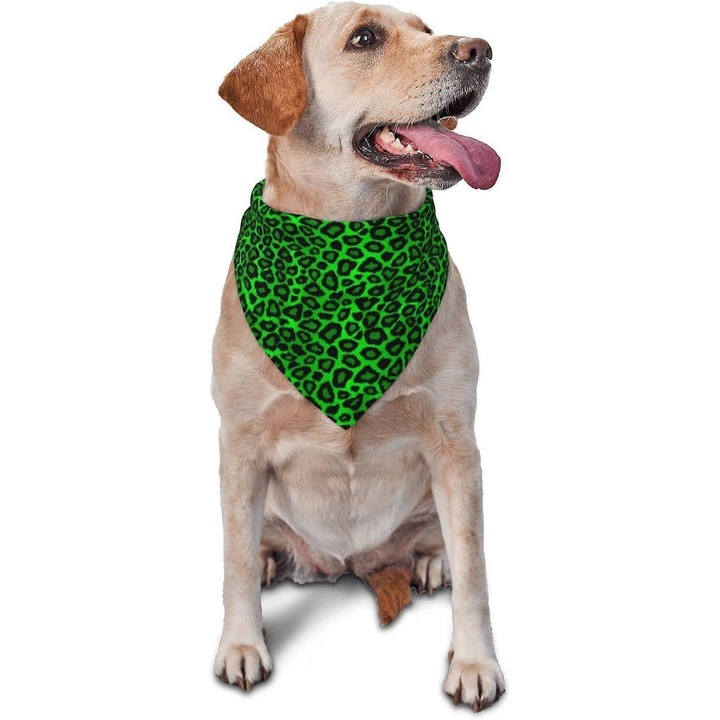 Bandana triunghiulara pentru caini din poliester, reglabila, model leopard verde lime, 70 x 30 cm