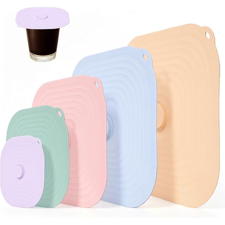 Set 5 capace etanse din silicon pentru boluri FG123K0225-260807-2151, rezistente la -40°C–230°C, etansare sub vid, maner ridicat, diametre 30/26/21/15/10 cm, multicolor pastel